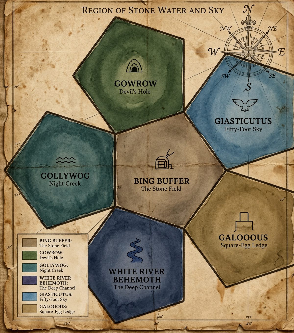 Right flower of the gift: antique watercolor map of stone, water, and sky — Bing Buffer, Gowrow, Gollywog, White River Behemoth, Giasticutus, Galooous
