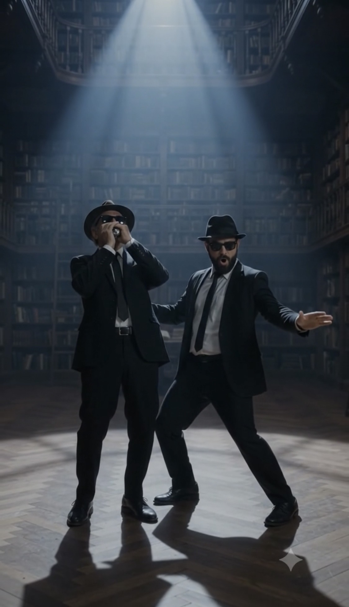 Elwood on harmonica in dark glasses, Jake the barrel in motion across the library floor