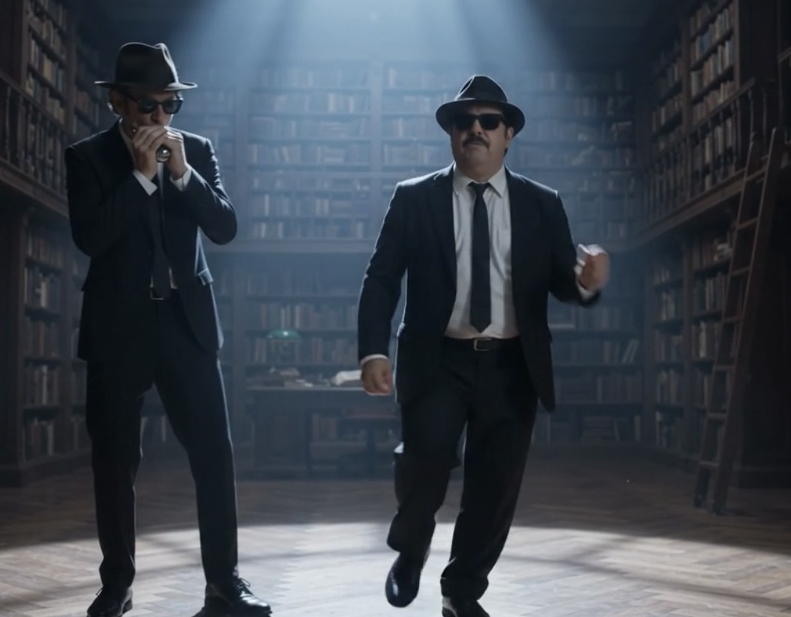 Mr. Jake and Mr. Elwood in black suits, hats, and dark glasses under a shaft of light in the library stacks, one singing, one with arms open