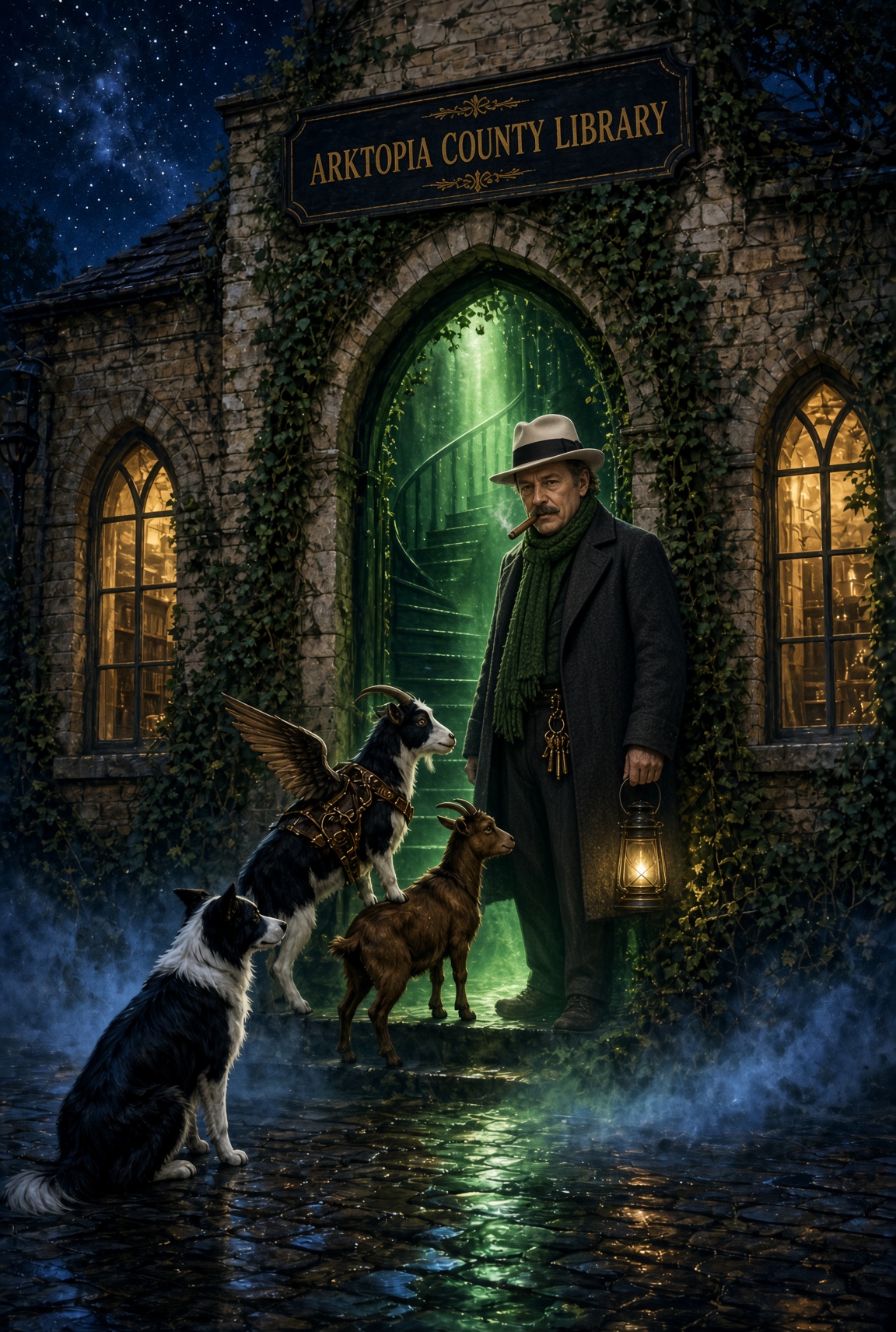 The Night Porter in the forest-green library arch, cigar and lantern and keys, greeting Tucker, a brown goat, and Charlotte