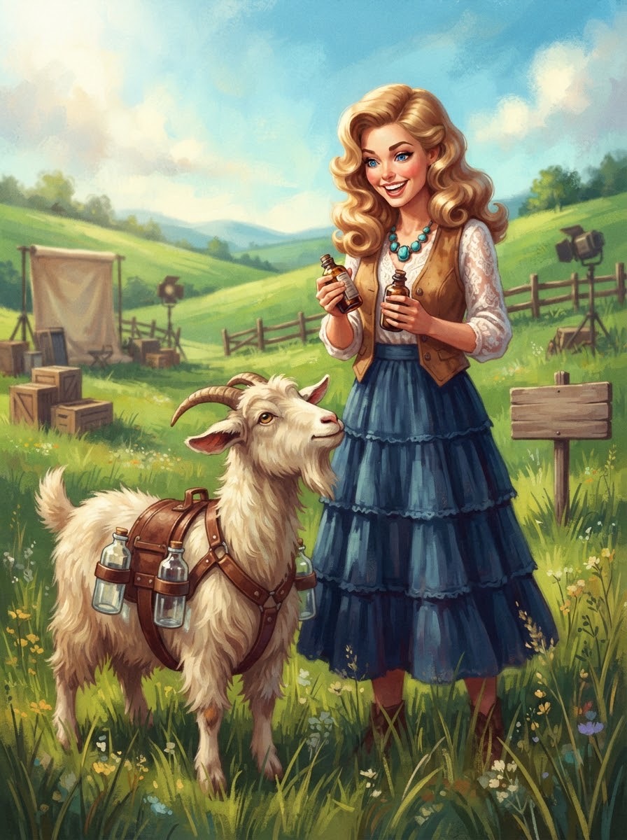 Dolly as the Maiden on a hidden hill set, flowered braid and basket, pack goat in a bottle harness, a camera in the grass