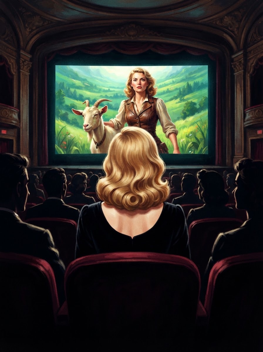 Dolly watching her color picture The Goat Maiden from a dark 1931 theater while the audience sits in black and white