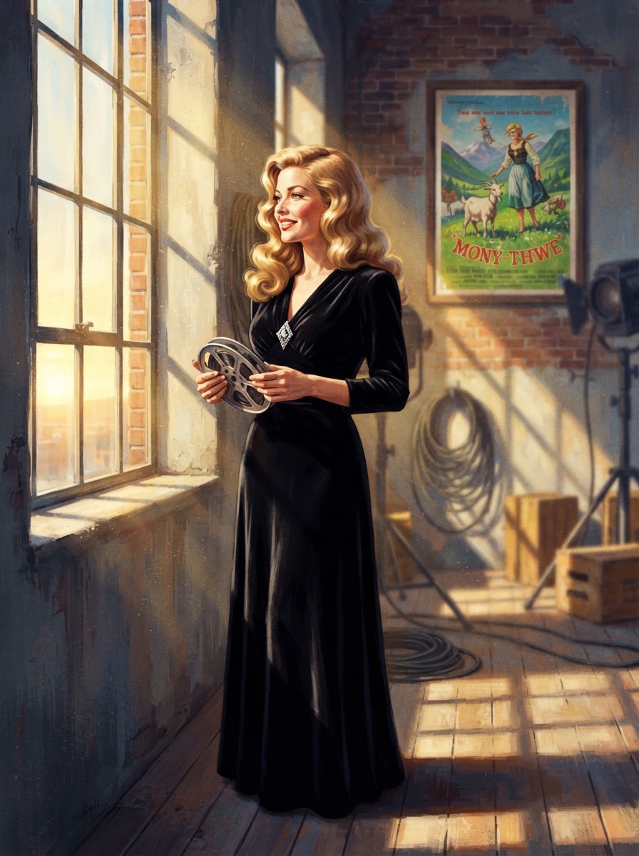 Dolly in black velvet holding a film reel at a studio window, a Goat Maiden poster on the brick wall