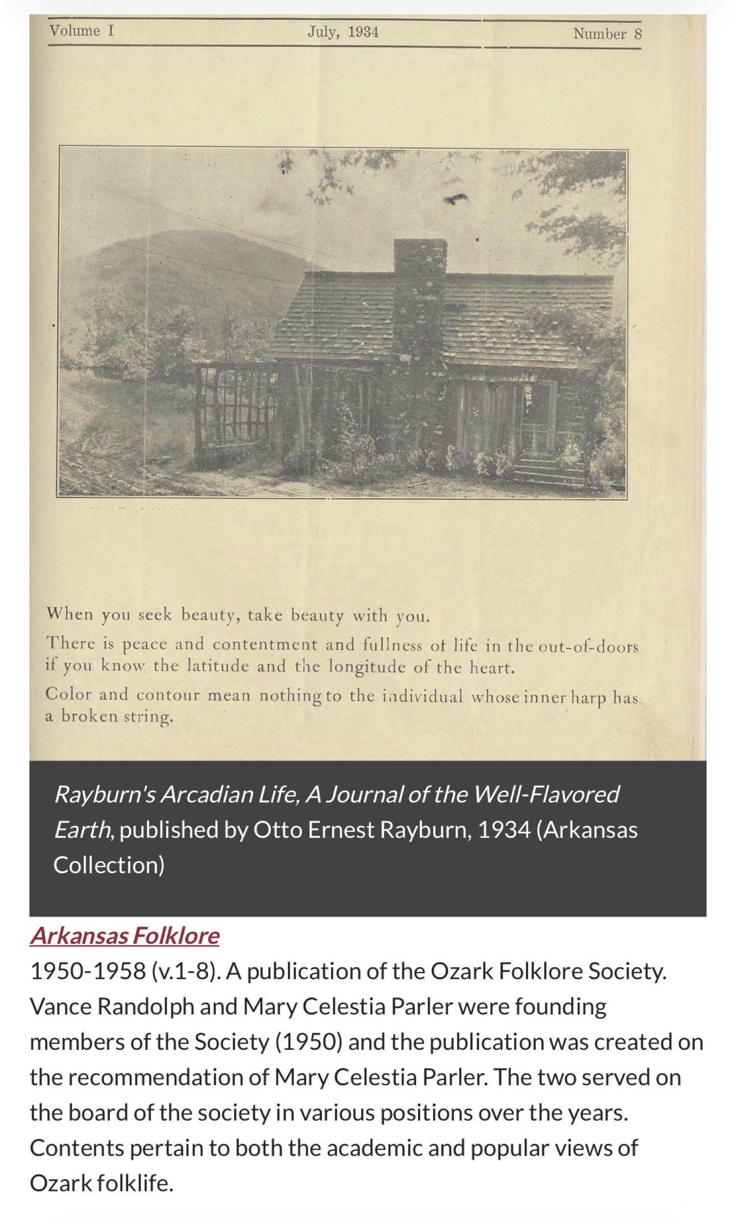 July 1934 page from Rayburn’s Arcadian Life: a stone-chimney cabin photograph and the beauty quote, with a note on Arkansas Folklore and the Ozark Folklore Society