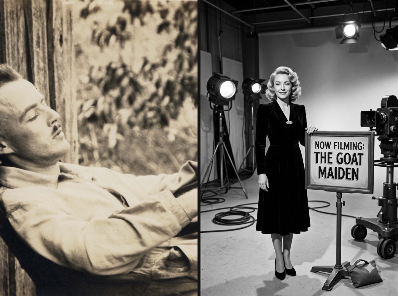 Split still: a folklorist on a Springfield porch with notebook and hollyhocks; Dolly in black velvet under klieg lights on a rented Gower stage beside a camera and a NOW FILMING THE GOAT MAIDEN slate